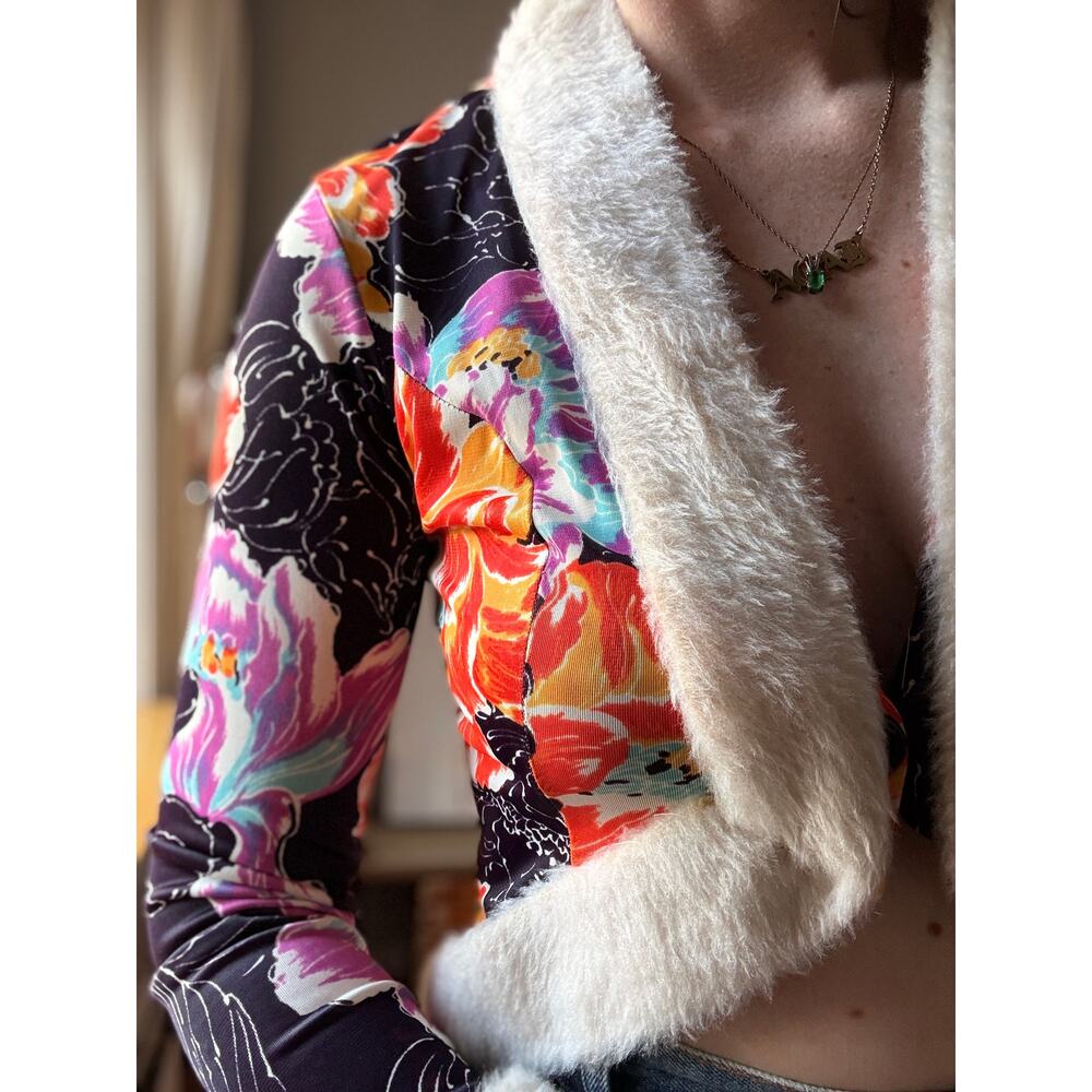Vintage 70s Floral Faux Fur Trim Cropped Jacket | Disco Glam Bolero | M - Picture 8 of 13